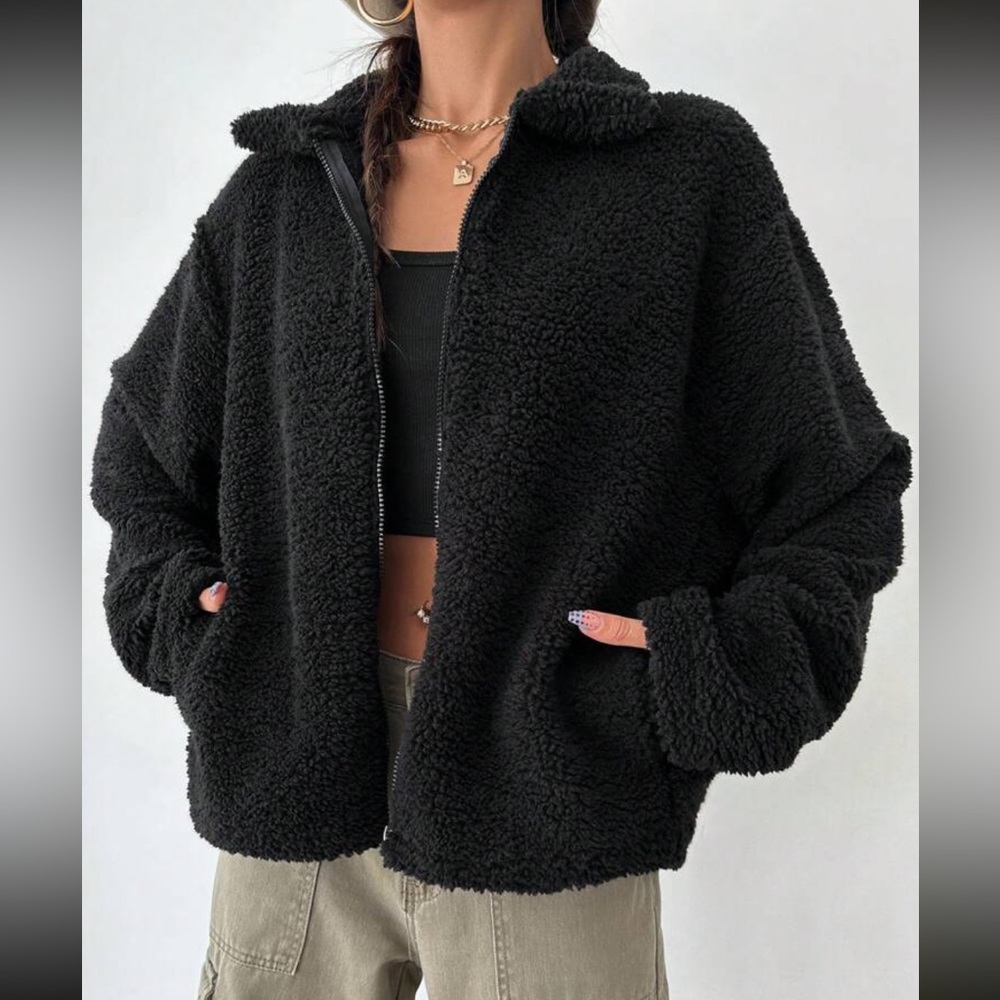 Luxe black cozy warm zipper teddy jacket